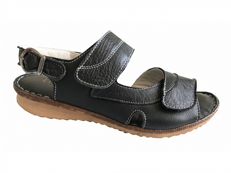 Tmavý design kožených dámských sandálů, které si může dovolit i žena s vyšším nártem. Velice pohodlné.